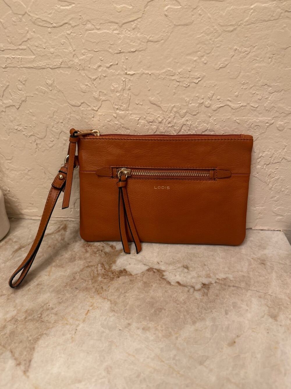Lodis leather wristlet RFID wallet cognac color